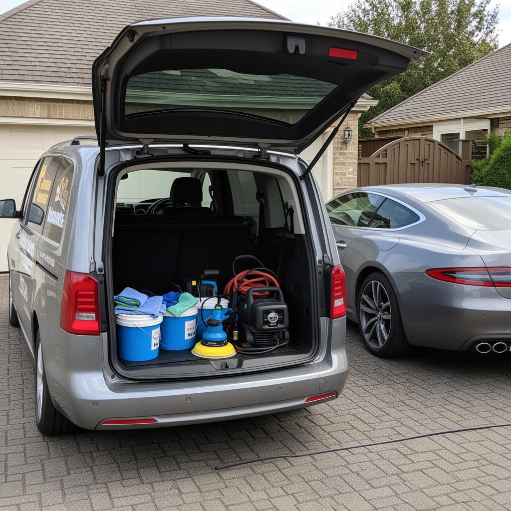 Mobile Fahrzeugaufbereitung — Kombi mit kompletter Reinigungsausstattung beim Kunden vor Ort